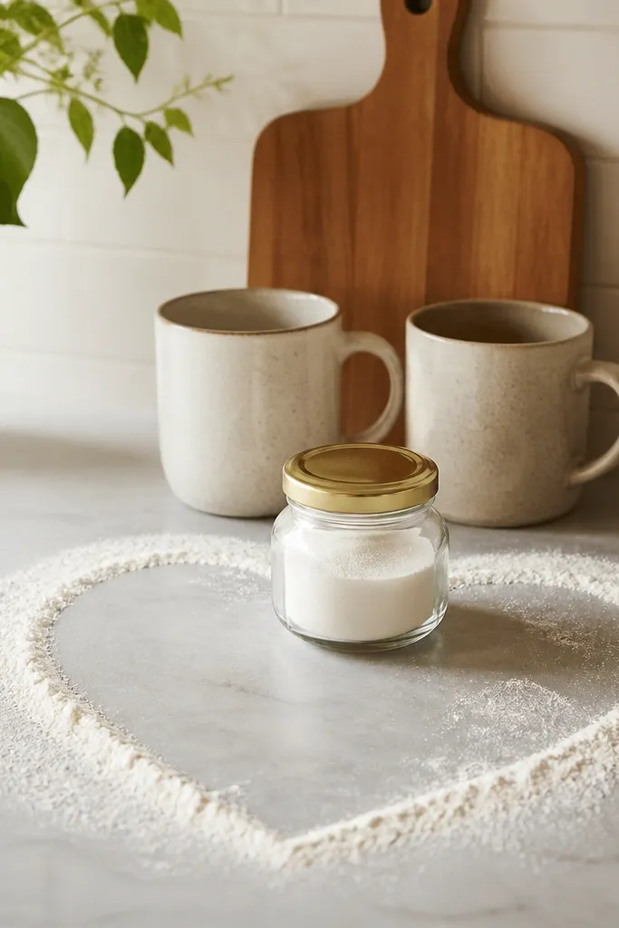 A clean kitchen counter dusted with flour in the shape of a heart. A small glass jar with a gold lid sits on the heart, and behind it are two ceramic mugs and a simple cutting board.