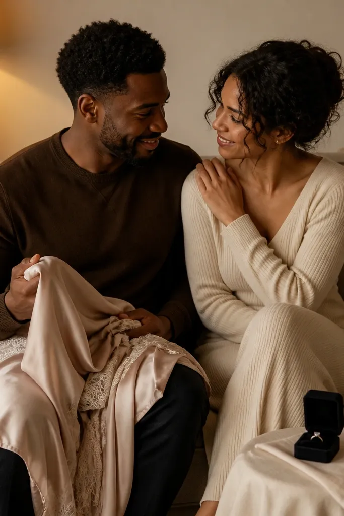 A couple sitting on a couch under a warm lamp. One partner holds a satin robe draped over their lap, and the ring box sits on a small silk-like cloth. The background has a simple throw blanket and a clean wall.