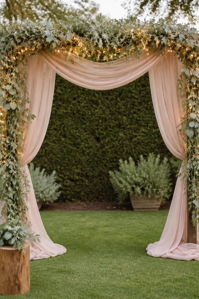 A small garden ceremony arch made from eucalyptus and sage greenery, with blush fabric drapes hanging in soft folds. Warm café lights loop around the arch and a wooden aisle marker sits at the front. The background shows a trimmed hedge and a few potted plants.