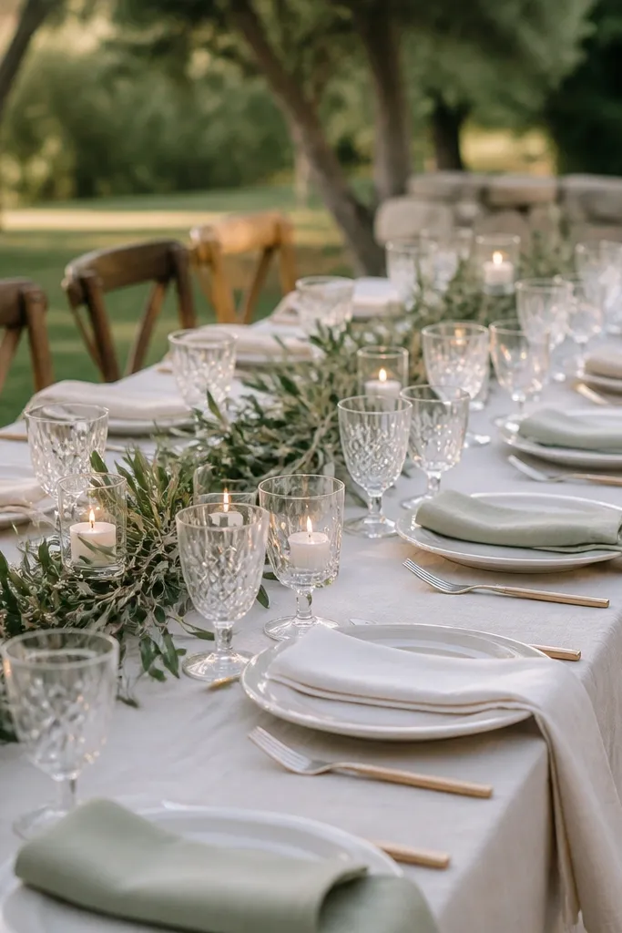 A long rectangular table set for a small wedding outdoors. Each place has a different linen napkin color in cream, oatmeal, and pale sage, while a runner of olive branches runs down the center. Small votive candles sit in clear glass holders.