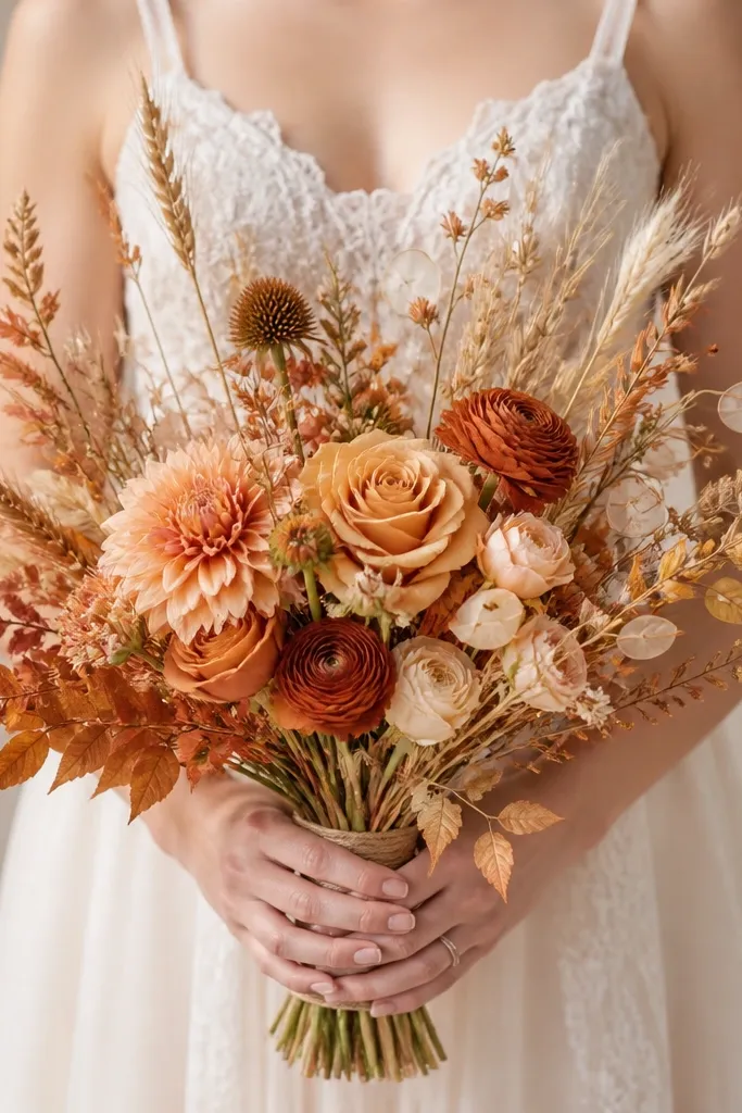 A bride's bouquet in warm terracotta and honey tones, with small dried wheat stalks and soft peach flowers. The bouquet has a loose, airy shape with brown twine wrapped around the stems.