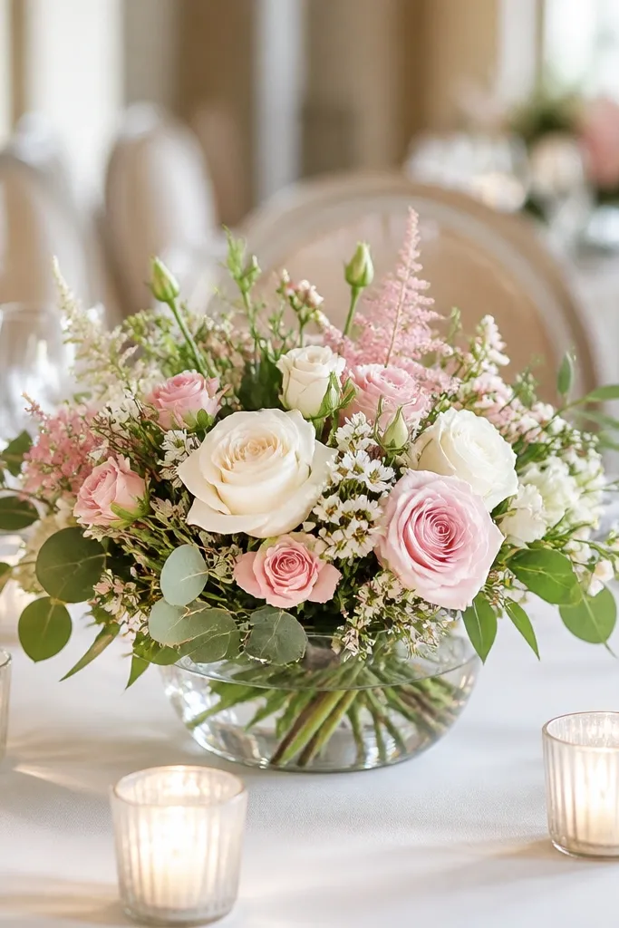 Small round table centerpieces made of blush and cream flowers arranged in low clear glass bowls. There are no big hydrangea heads, just mixed small blooms and greenery, with tea lights around the perimeter.