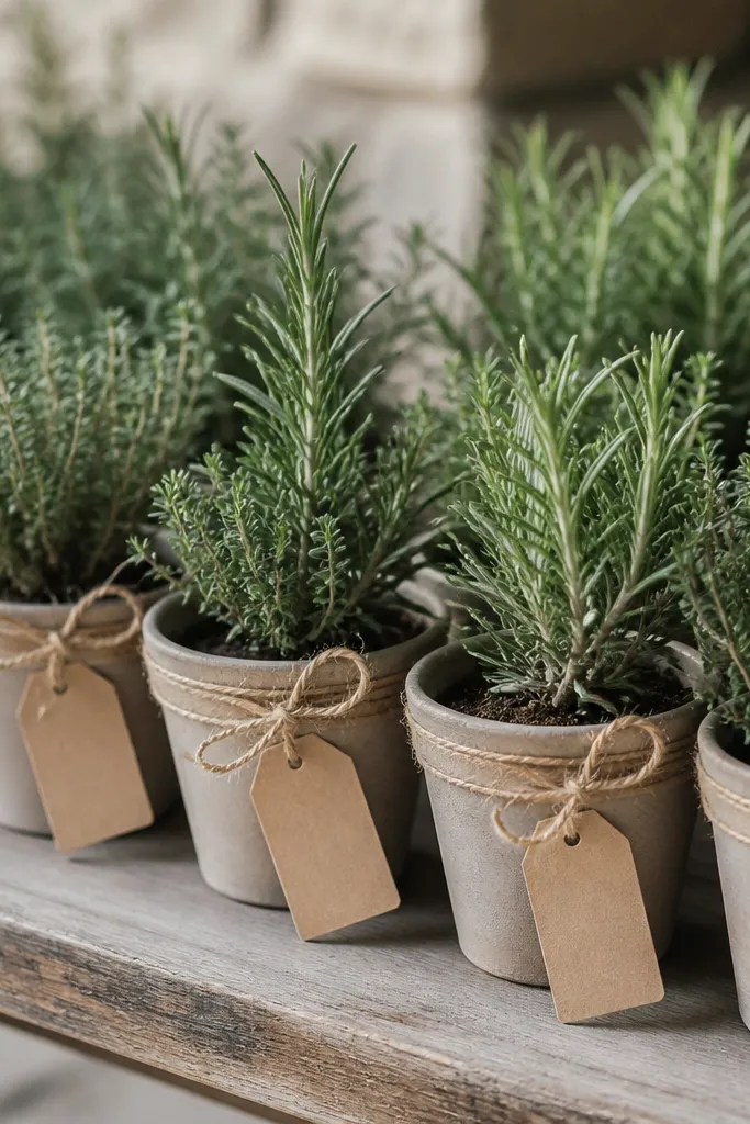 A row of small potted rosemary and thyme plants placed on a bench. Each plant has a small kraft tag tied to the pot with twine, with guests' names written in dark ink.