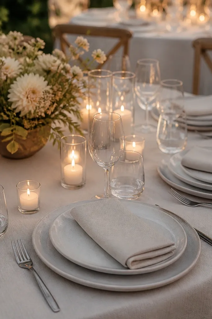 Evening reception tables set with matte stoneware plates in off-white and light gray. Oatmeal-colored napkins are folded neatly, and there are lots of small candles in glass holders scattered across the table.