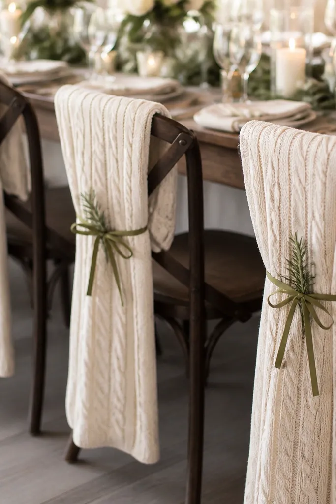 Guests' chairs wrapped with cream cable-knit blankets. The blankets are draped over the backrests and tied with a thin olive ribbon, with small sprigs tucked into the tie.