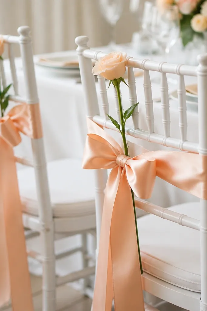 Simple white dining chairs with peach satin ribbon tied into bows at the back. Each chair has a single-stem flower tied beside the bow in a small clip.