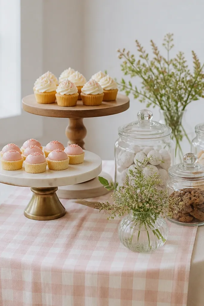 A small dessert table covered with a soft cream-and-pale-pink gingham runner. There are stacked cake stands, small jars of cookies, and a few low bud vases with greenery.