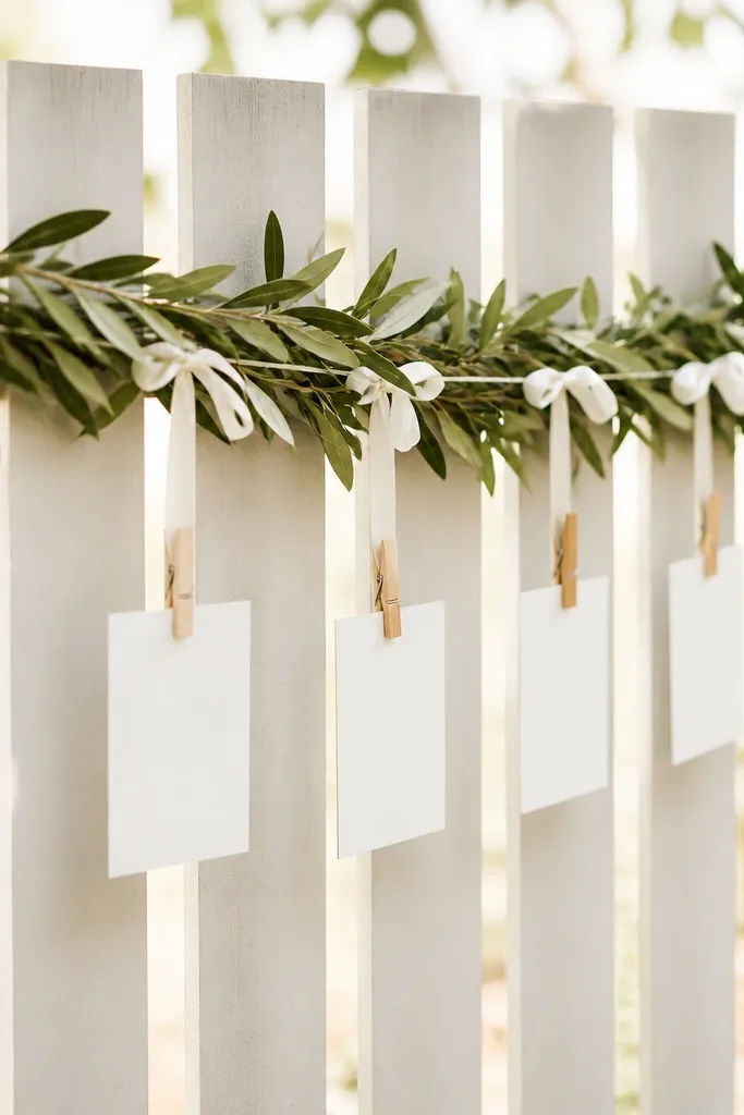 A fence with a horizontal garland made from olive leaves. Place cards hang from the garland on small clothespins, and white ribbon ties connect the card positions.