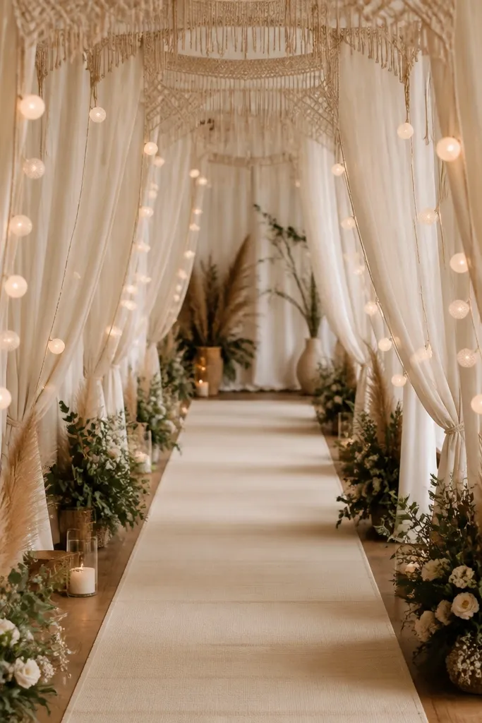 A narrow aisle framed by sheer curtains with macramé-like knots visible along the top. Tiny pom lights hang at regular intervals, and the aisle carpet is a warm cream runner.