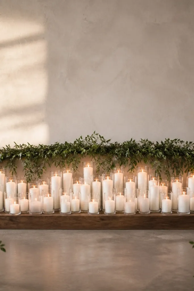 A low-height ceremony backdrop made of a grid of small flat candles in varying heights, all in clear and frosted glass. The candles sit on a wooden platform, with greenery garlands across the top.