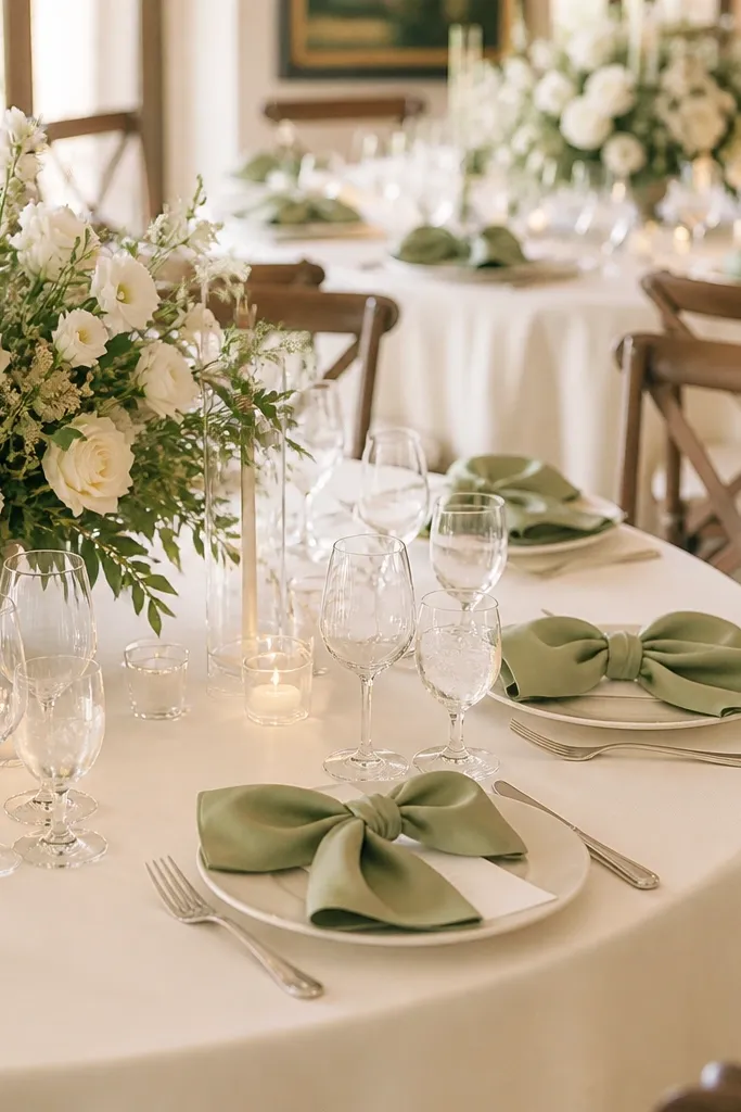Dinner tables with cream tablecloths and satin-bowed napkins in one color. Each napkin has a neat bow tied at the center, and small menu cards sit beside folded napkins.