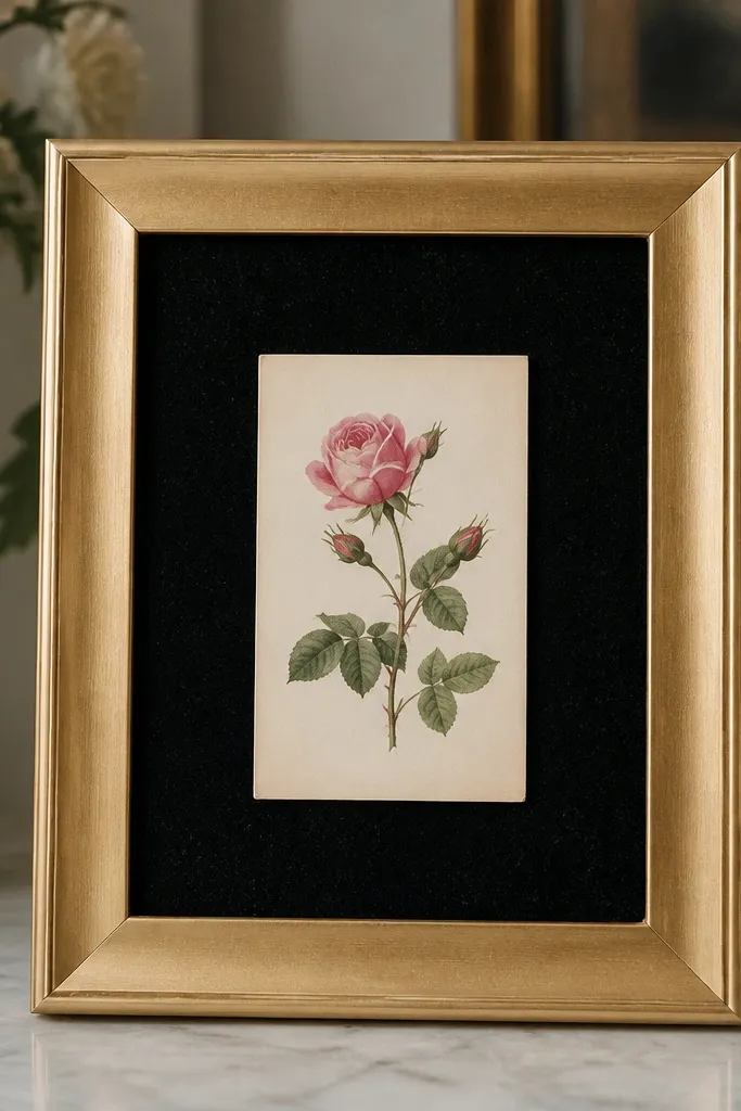 A thrift-store frame sprayed brushed gold, with a deep black velvet rectangle behind the card. The card appears centered inside, with velvet texture visible around the edges.