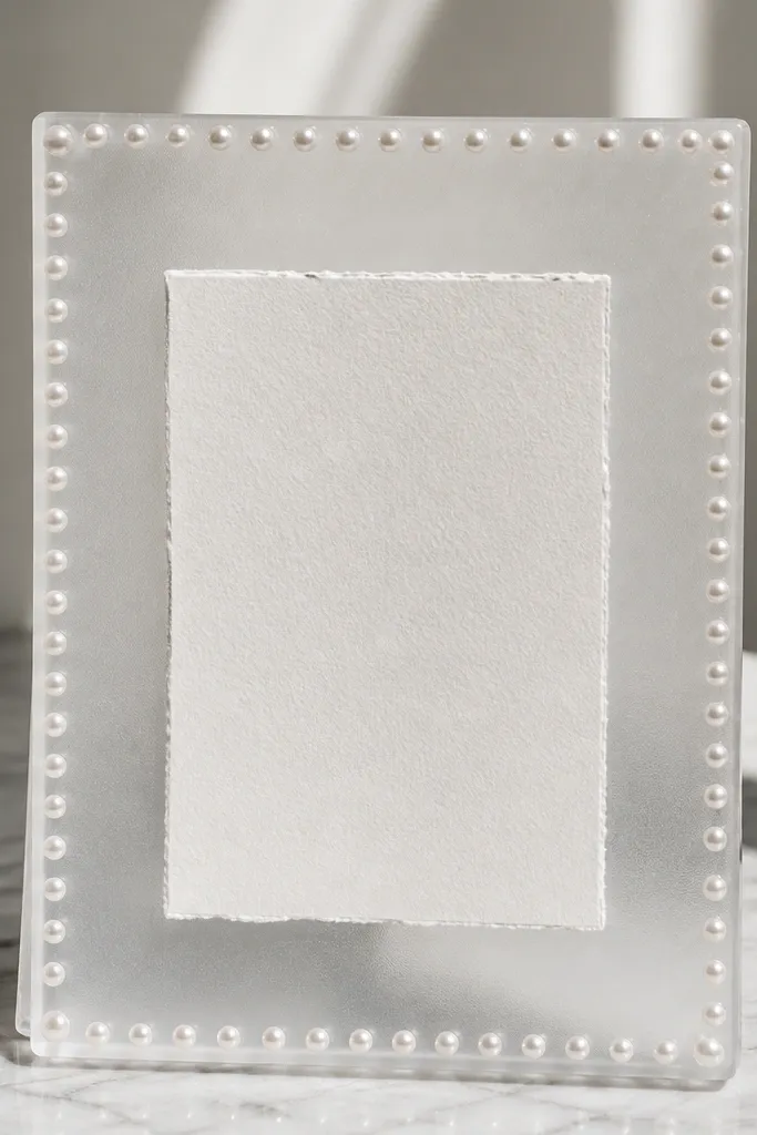 A frosted acrylic sheet frame with a clear, icy look. Along the outer edge sits a single line of small faux pearls, evenly spaced, with the card centered inside.