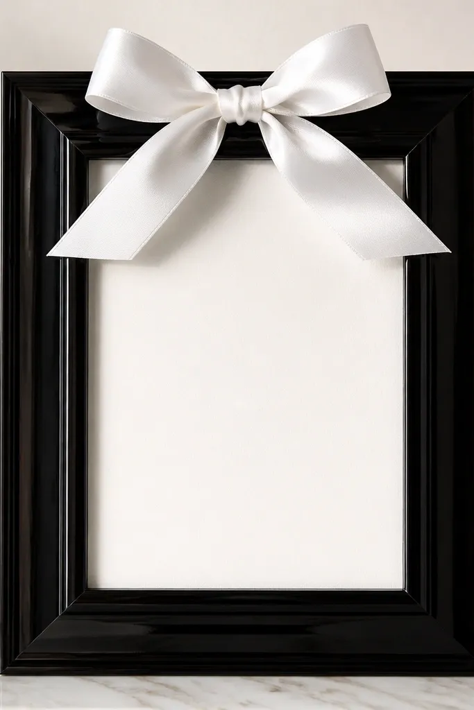 A glossy black frame with a white satin ribbon bow tied at the top center. The card sits underneath in the middle, with a clean, high-contrast look.