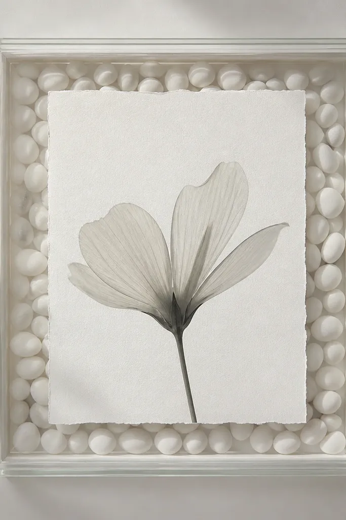 A frame made from clear glass tiles or a glass panel with a bed of white pebbles behind the card. The card is centered, with pebbles subtly visible around the edges.