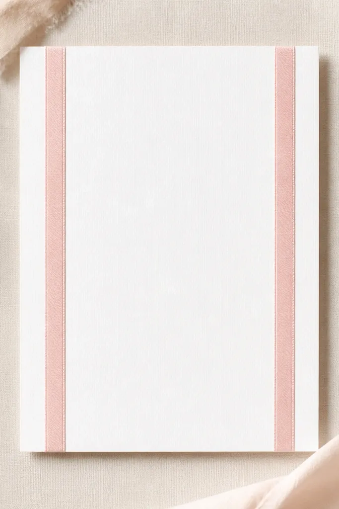 A simple white frame with two blush ribbon vertical stripes on either side of the card. The ribbons are straight, evenly spaced, and the card sits centered.