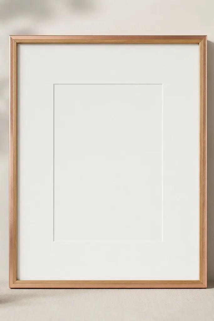 A simple wood frame with rose gold foil applied only to the outer edge. The backing is matte white, and the card sits centered with lots of clean negative space.