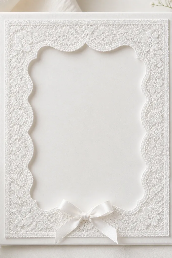 A white frame with a lace overlay forming a scalloped border around the card window. The lace sits flat with crisp edges and a small bow at the bottom.