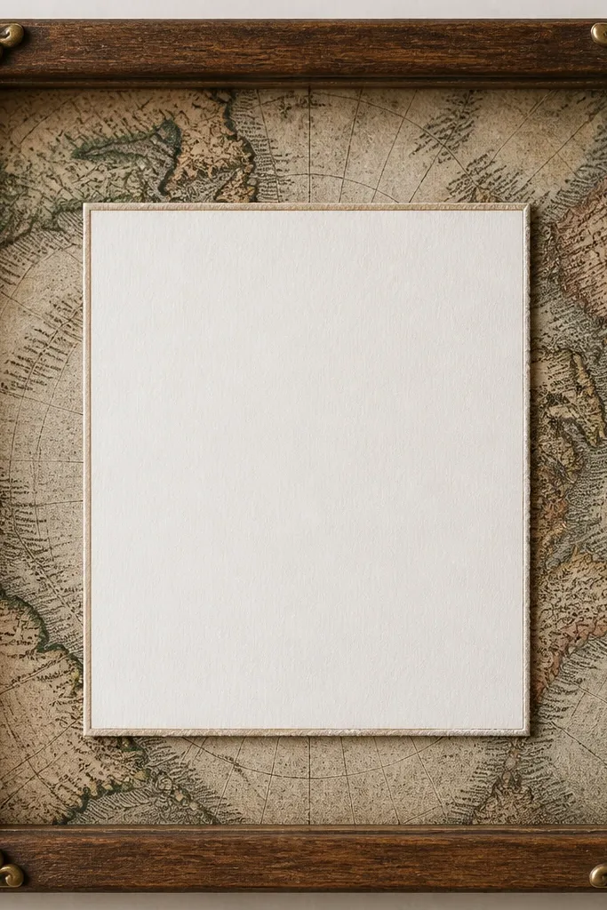 A frame with a vintage-style map print backing, plus antique brass corner accents. The card sits centered and crisp against the map background.