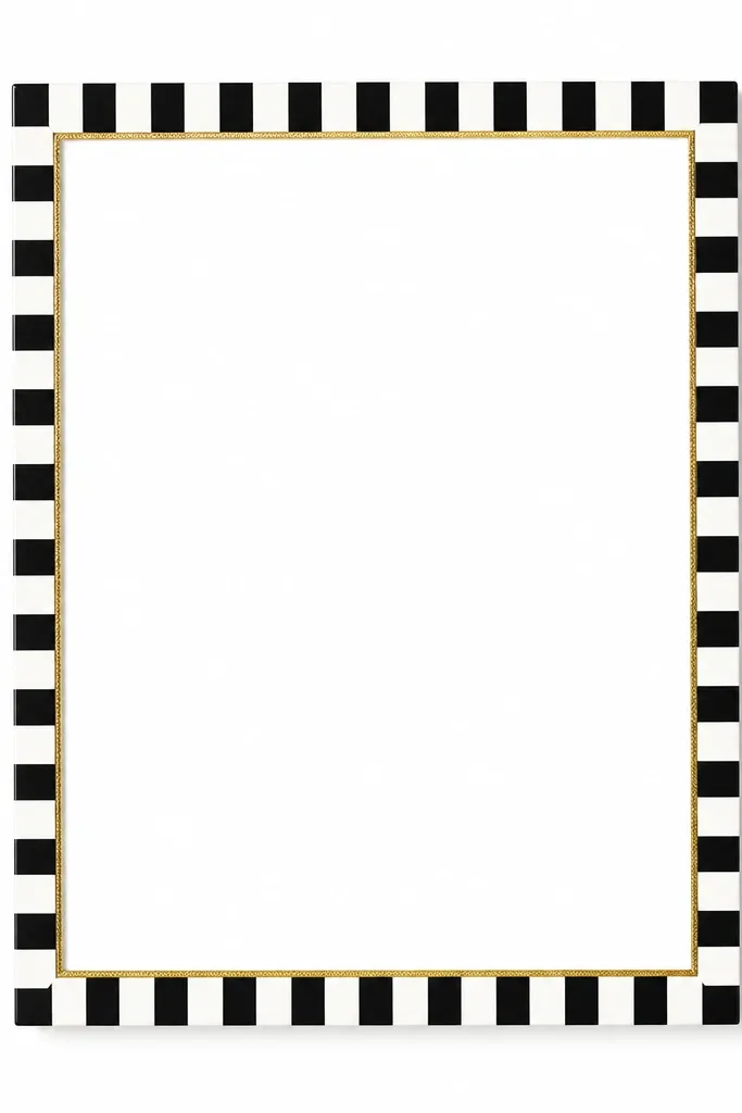A black-and-white striped frame border with a thin gold thread or cord line around the inner edge. The card is centered on a clean white background.
