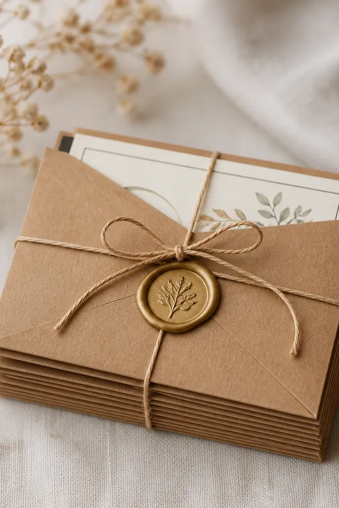 A neat stack of mini kraft envelopes tied with thin twine; on the top envelope is a small wax seal impression in muted gold, with a recipe card peeking out inside.