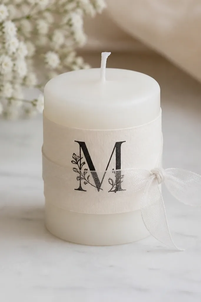 A small white pillar candle wrapped with sheer organza around the middle; a thick cream label with a black monogram is wrapped on top, and the ends of organza are tied in a simple knot.