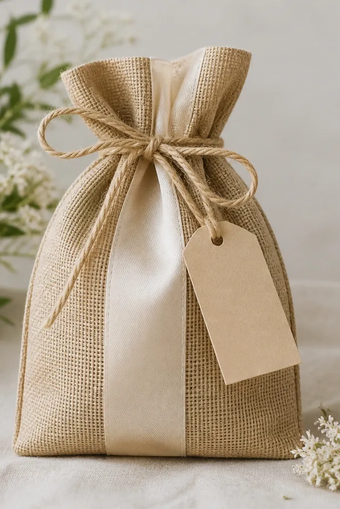 A small gift bag made from burlap with a cream satin panel stripe, tied at the top with waxed twine; the bag has neat folded edges and a simple tag attached with a twine loop.