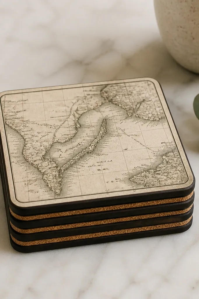 Four coasters showing a subtle vintage map print on top, each backed with natural cork; a thin black border frames the print, and the coasters are stacked neatly.