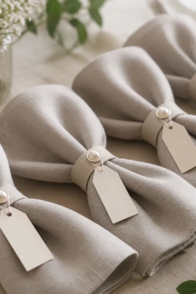 Folded napkin bundles tied with small pearl-button bands; each tie has a tiny cream tag with black lettering, and the napkin fabric looks linen-like.