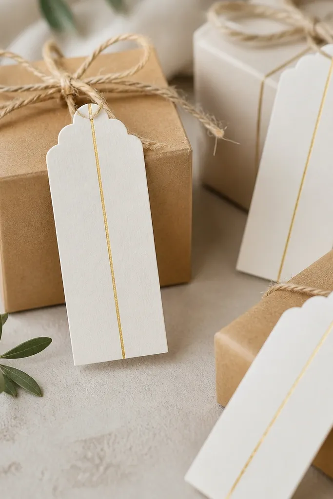 Gift tags shaped like small menus, made from thick cream cardstock, each with a thin foil gold stripe and a centered black title; the tags hang on twine from small gift boxes.