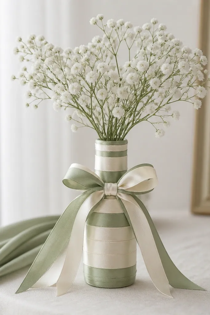 A mini bottle vase wrapped in layered ribbons in cream and sage, with a small bouquet of baby's breath inside; the ribbons are tied in a neat bow and the bottle label area is covered smoothly.