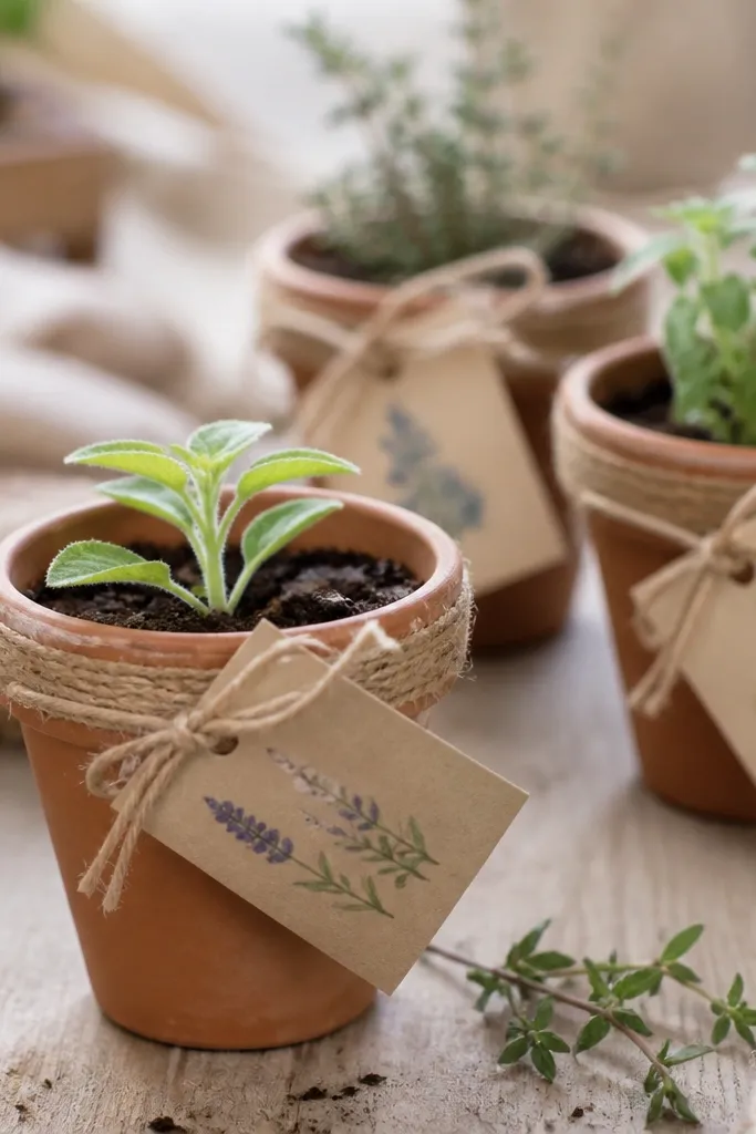 Small terracotta pots filled with potting mix and a tiny plant; each pot has a woven jute tie around the rim and a small seed packet attached with twine.