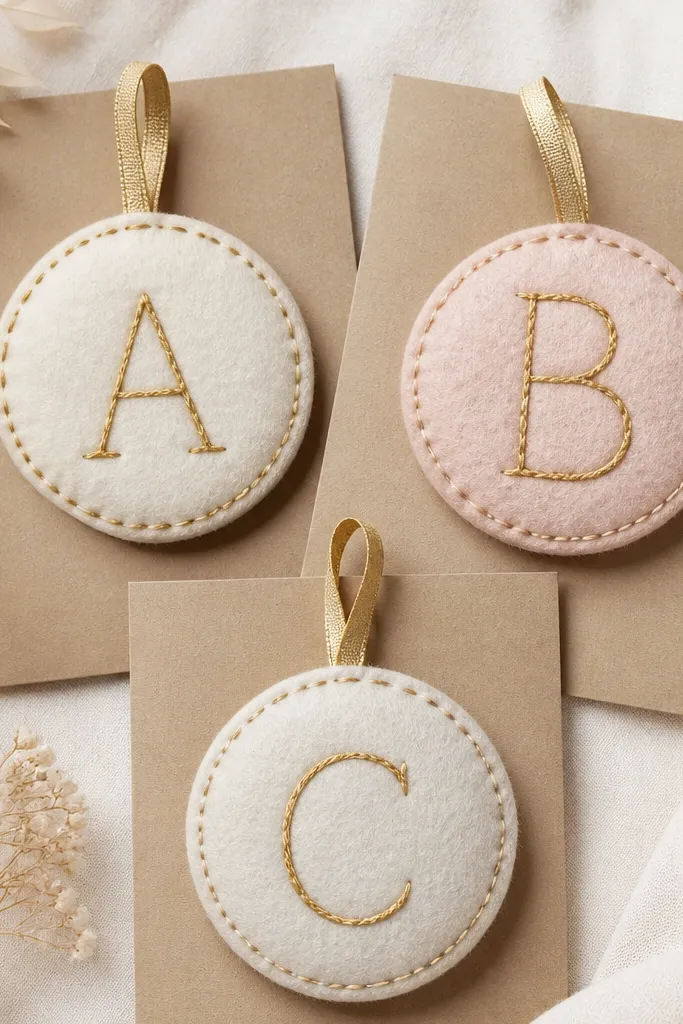 Felt circle ornaments in ivory and blush with stitched gold-thread initials; each ornament has a small gold ribbon loop and sits on a kraft card backing.