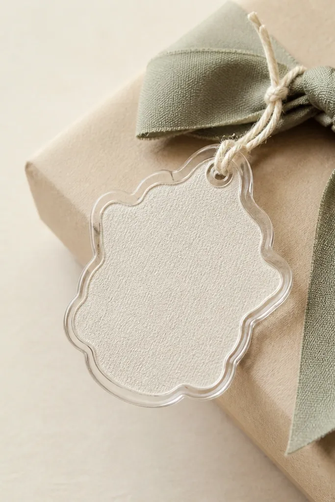 A clear acrylic stamp-like piece attached to a gift with a textured foam backing; it has a minimal engraved text area and sits against a cream cardstock background.