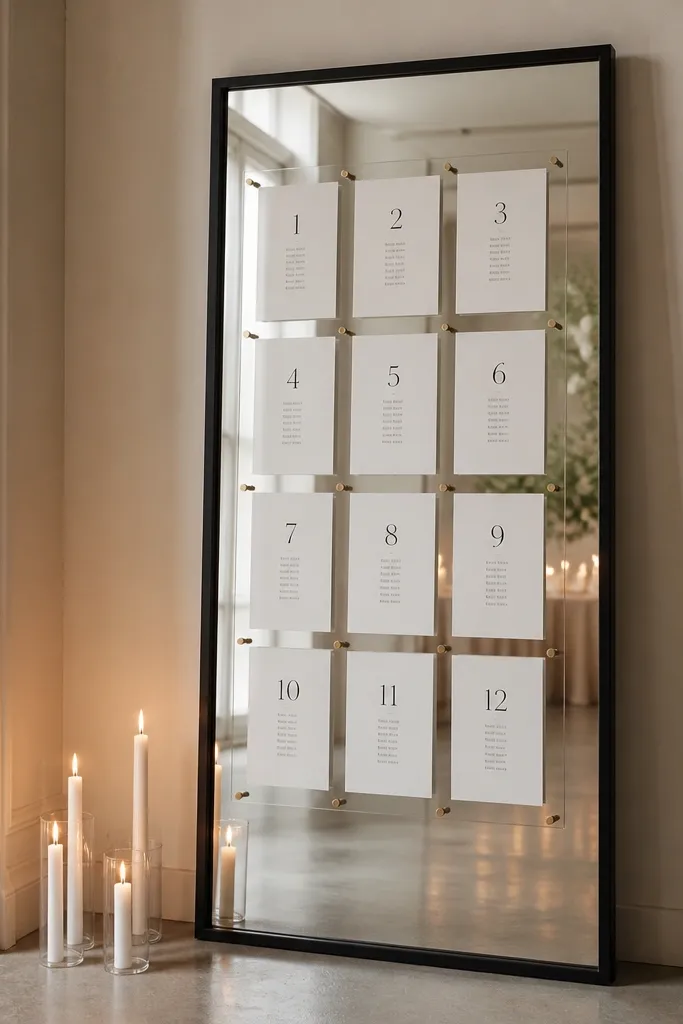 A tall rectangular black-framed mirror. A clear acrylic panel in front holds individual table cards with crisp black typography. Small white taper candles sit on the floor beside the mirror, reflected in the glass.