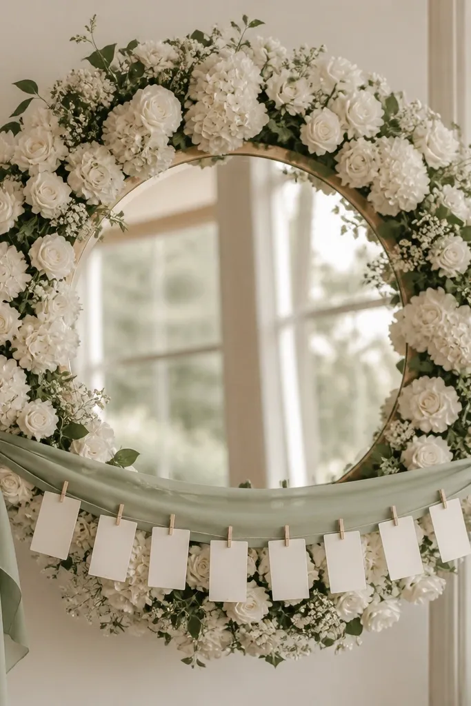 A round mirror surrounded by a full white floral wreath. A sage-green ribbon banner hangs across the bottom third, with small table number tags clipped to the ribbon.