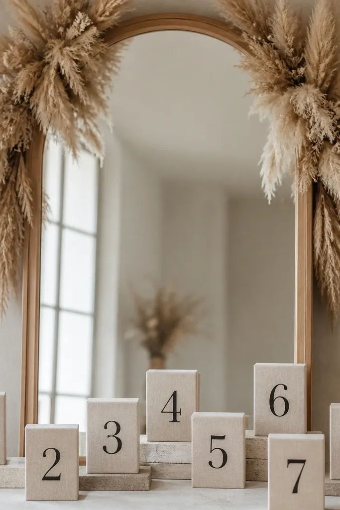 A tall mirror with a natural wood frame. Dried pampas plumes cluster along the top corners. In front, linen-textured blocks hold table numbers in black serif font.