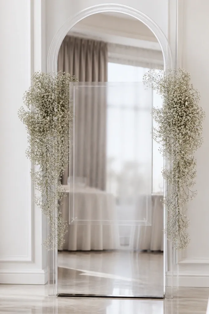 A tall mirror with a subtle clear acrylic arch frame in front. Baby's breath clusters hang in small drips on both sides of the mirror center. A translucent acrylic seating chart sits directly in the middle.