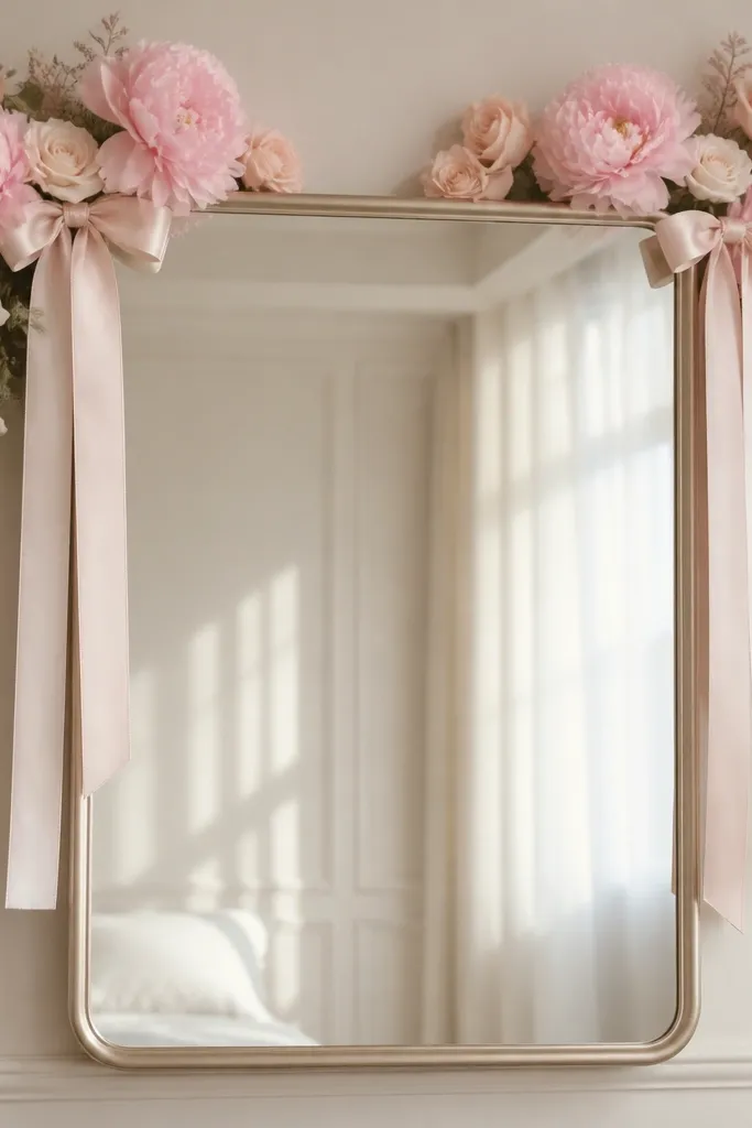 A rectangular mirror with a soft champagne frame. Small blush ribbon bows are tied at the top left and top right corners. Pink peonies and blush roses lightly fill the upper edges behind the bows.