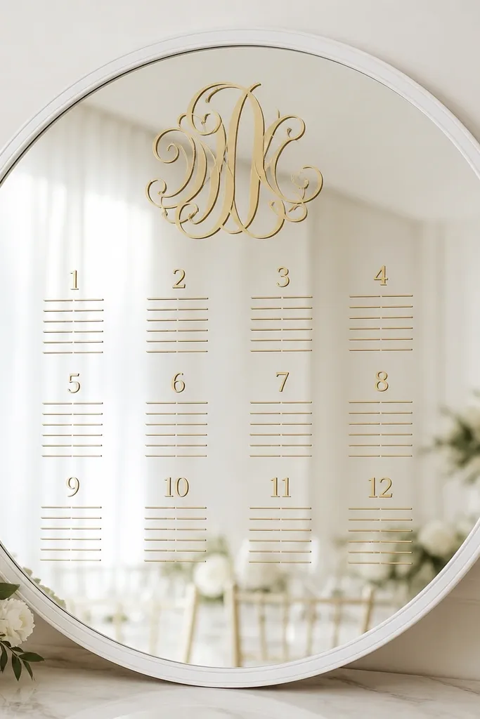 A round mirror with a simple white frame. A gold monogram sits at the top, and table numbers are placed below on a removable mirror-safe decal layout.