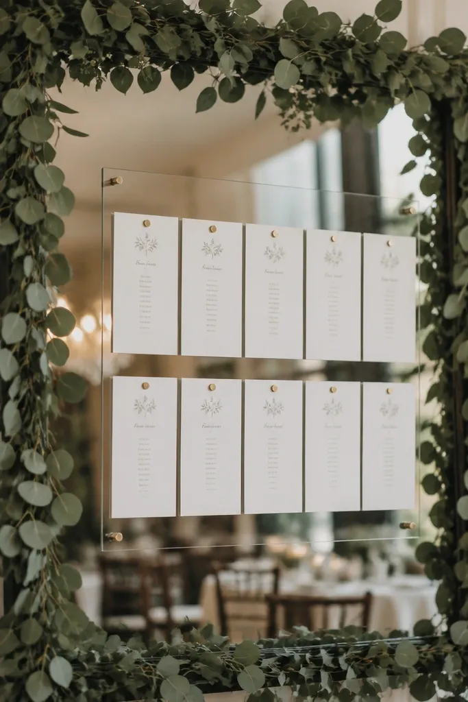 A rectangular mirror wrapped with eucalyptus garland bands around the sides. A centered acrylic sign lists tables with white table cards pinned in a row.