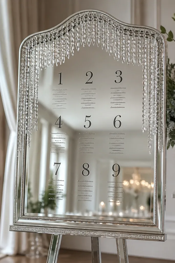 A silver framed mirror with a border of dangling crystal bead fringe along the top and sides. A mirrored seating chart stand is placed in the center with black table numbers.