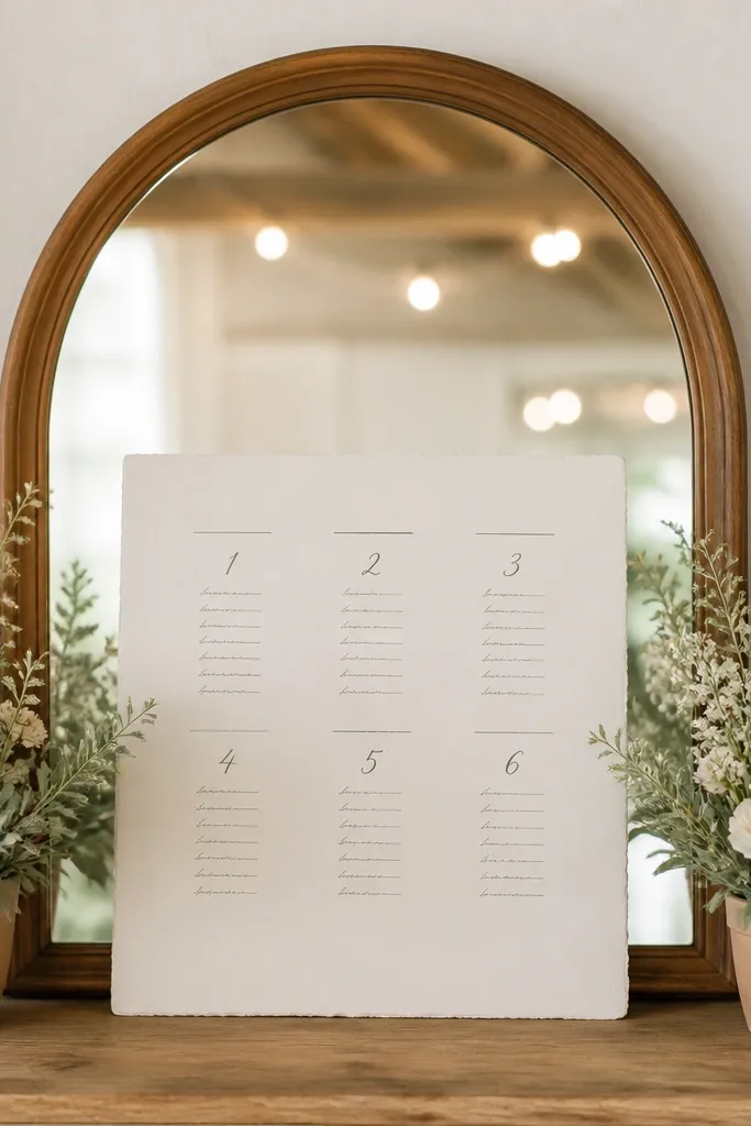 A mirror with a warm wood frame. On both sides, small terracotta pots hold sage and cream flowers. A centered seating chart panel sits in front with handwritten-style table numbers.
