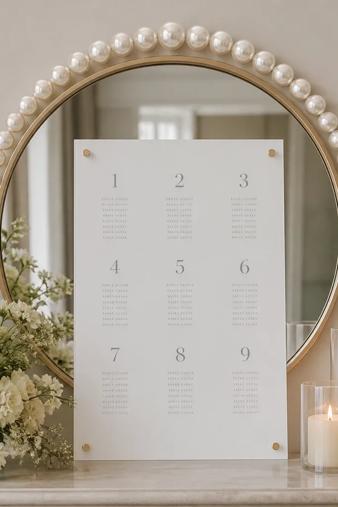 A champagne-framed round mirror. A pearl bead garland forms a halo around the upper half, and a centered seating chart on white acrylic shows table numbers.