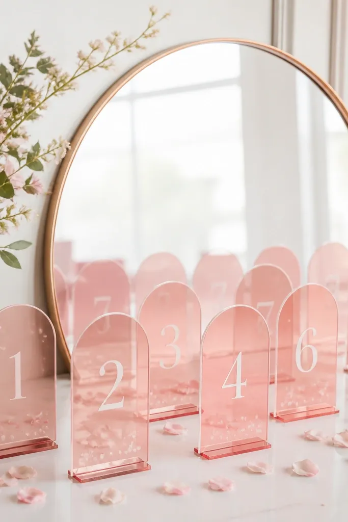 A mirror with a subtle rose-gold frame. Multiple pink-tinted acrylic cards stand upright in front, each labeled with table numbers. Small rose petals scatter lightly around the base.
