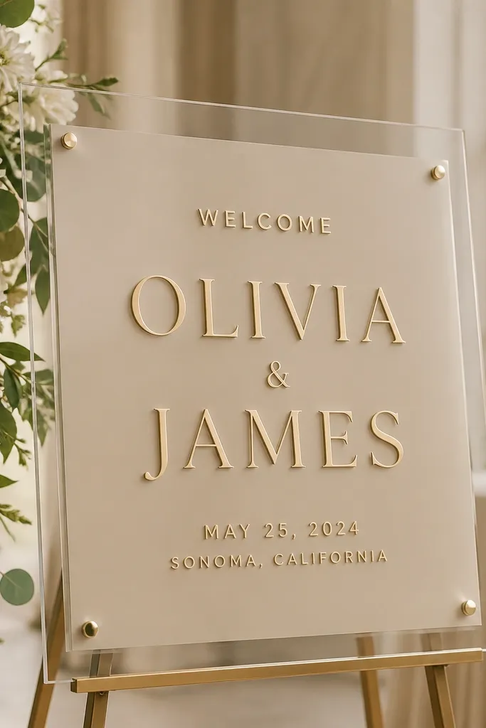 A clear acrylic sign with raised-looking champagne vinyl text layered on top of a champagne-tinted backing panel. The couple's names are centered, with "Welcome" in smaller type above and date/location text below.