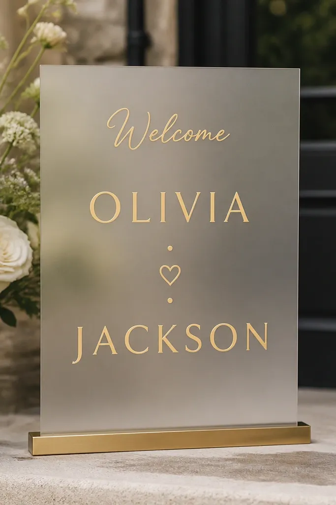 A frosted acrylic sign with brushed gold vinyl lettering. "Welcome" is at the top, names are large in the center, and small gold icons (two tiny dots and a minimal heart) sit between lines.