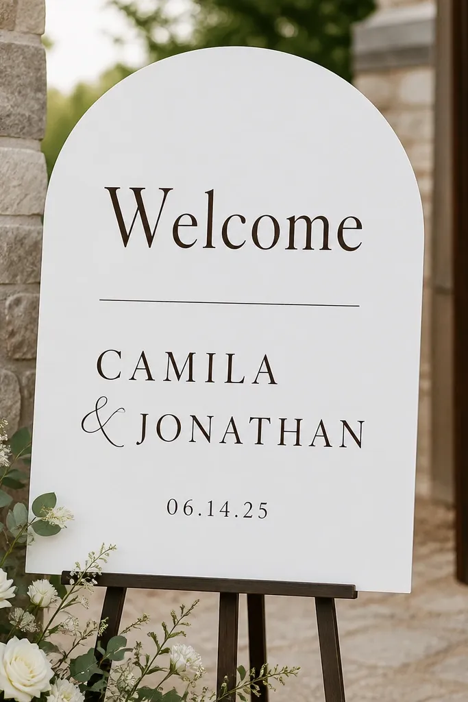 Matte white acrylic with deep espresso (almost black-brown) typography. A thin horizontal line divider sits between "Welcome" and the names, and the date is centered underneath in smaller text.