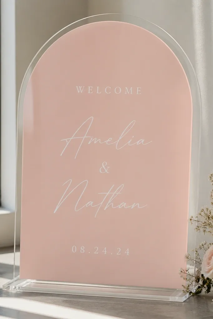 A blush-pink acrylic front panel with clear acrylic backing. The lettering is white vinyl on the blush layer, and "Welcome" sits above the names with date text below.