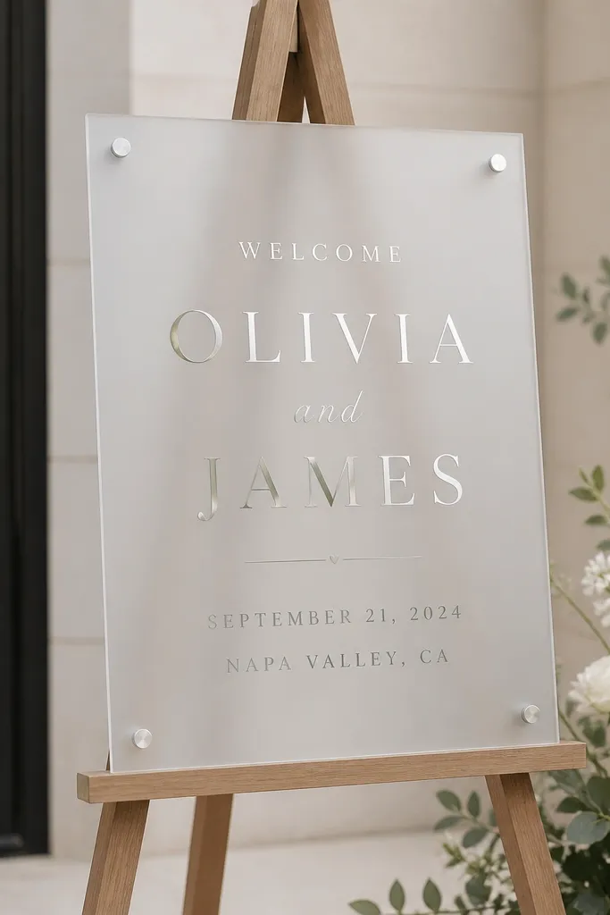 Frosted acrylic sign with mirror-silver vinyl. The layout stacks "WELCOME" small, names large, then date/location in a tidy column, all centered.